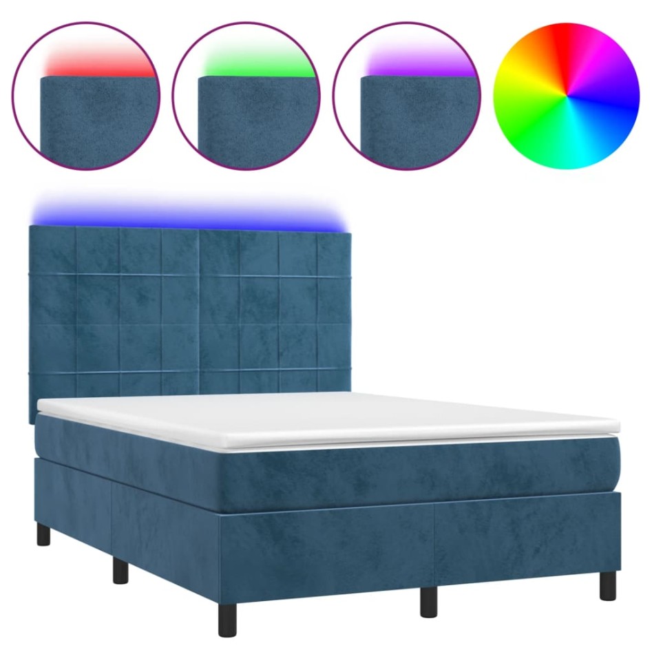 Cama box spring colchón y LED terciopelo azul oscuro 140x200