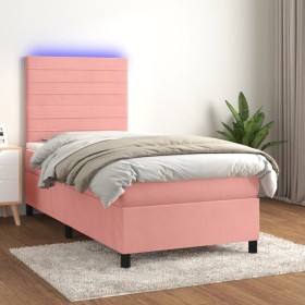 Cama box spring colchón y LED terciopelo rosa 90x190
