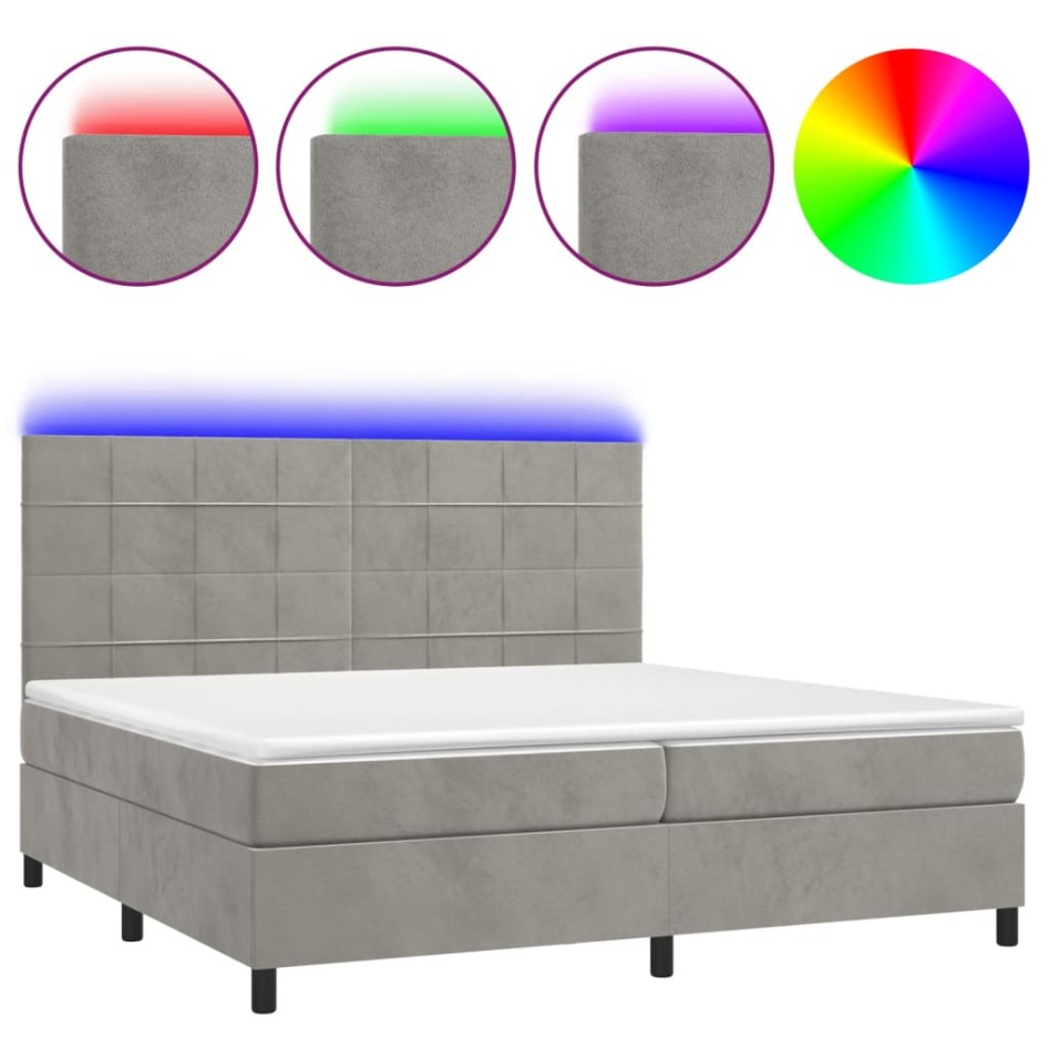 Cama box spring colchón y LED terciopelo gris claro 200x200