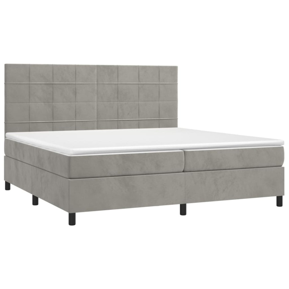 Cama box spring colchón y LED terciopelo gris claro 200x200