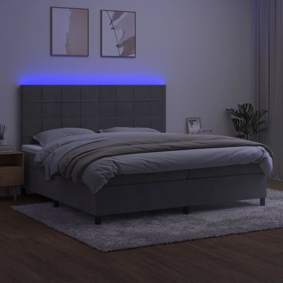 Cama box spring colchón y LED terciopelo gris claro 200x200