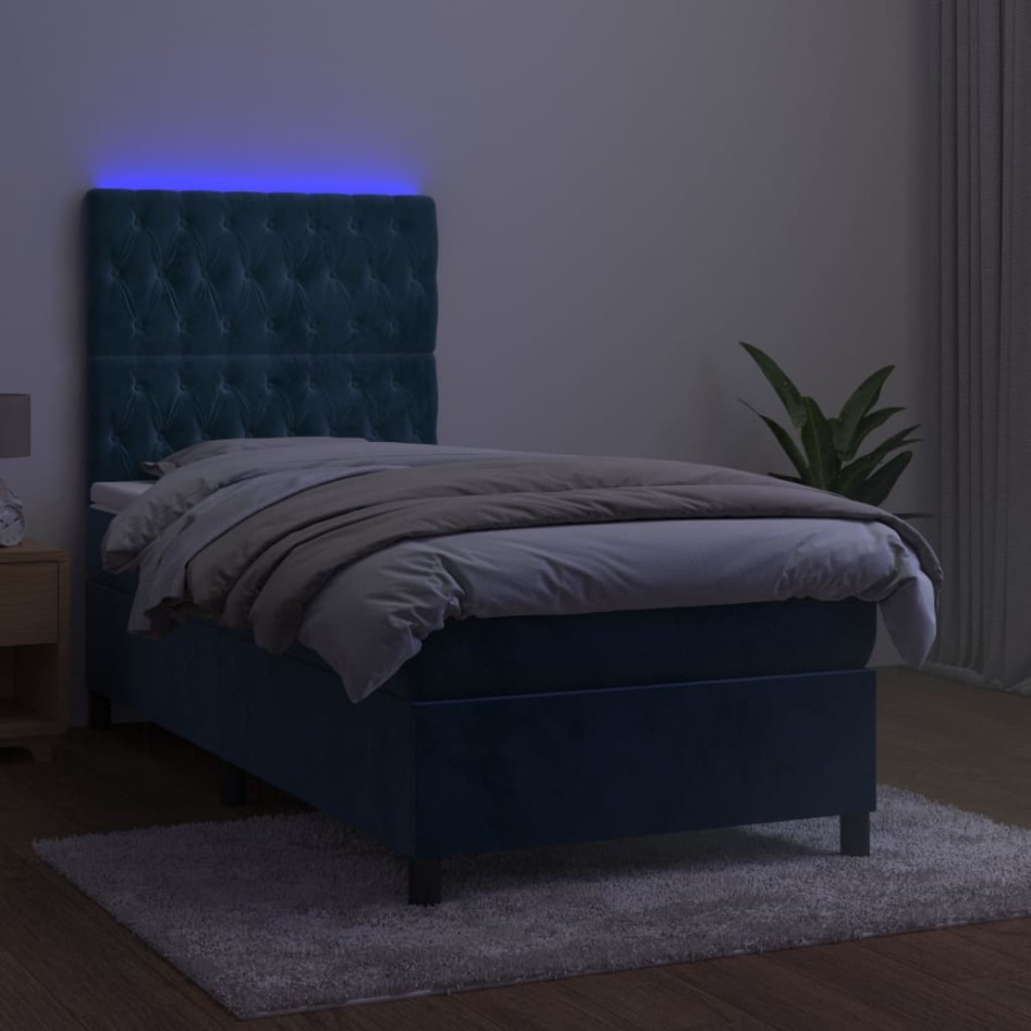 Cama box spring colchón y LED terciopelo azul oscuro 90x190