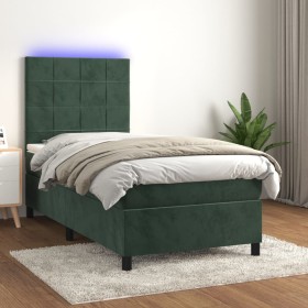 Cama box spring colchón y LED terciopelo verde oscuro 80x200