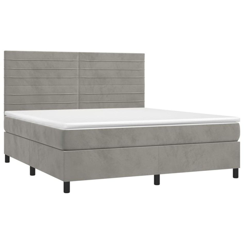 Cama box spring colchón y LED terciopelo gris claro 180x200