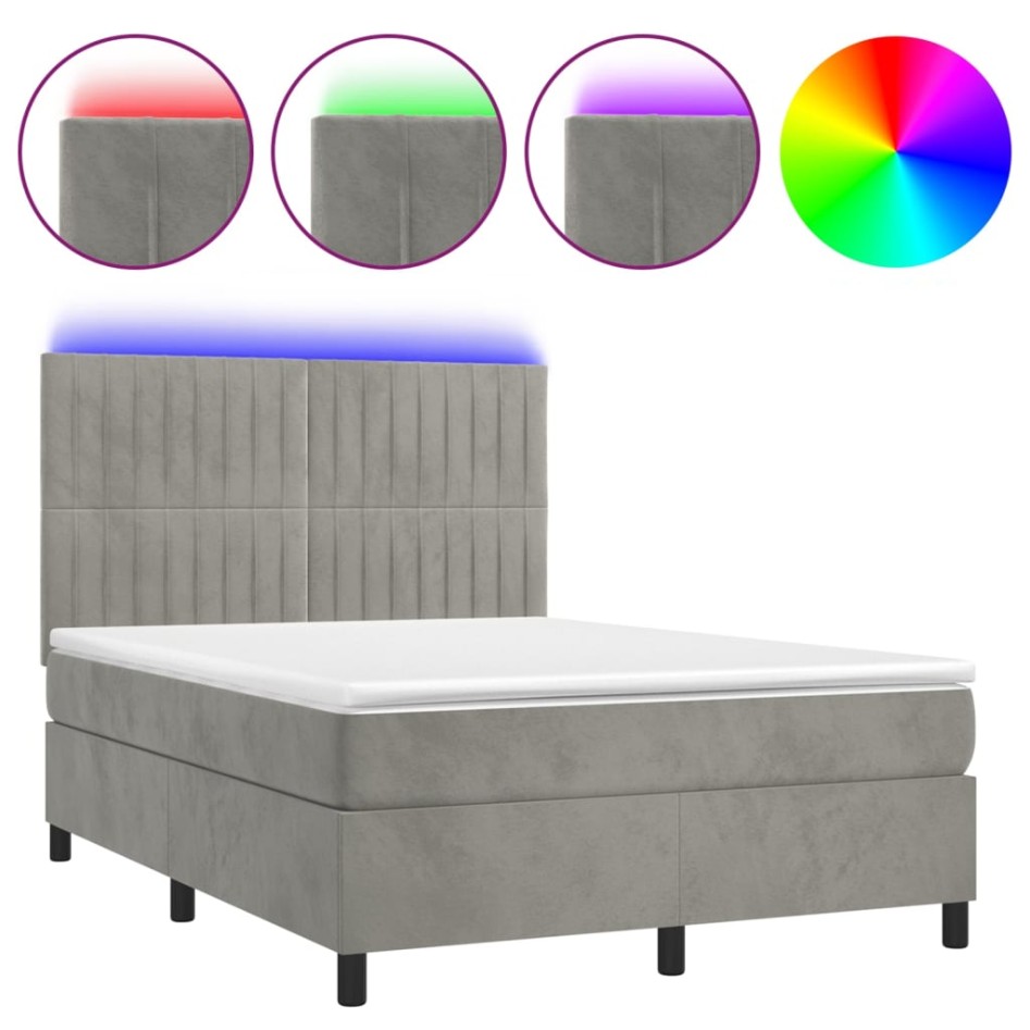 Cama box spring colchón y LED terciopelo gris claro 140x190