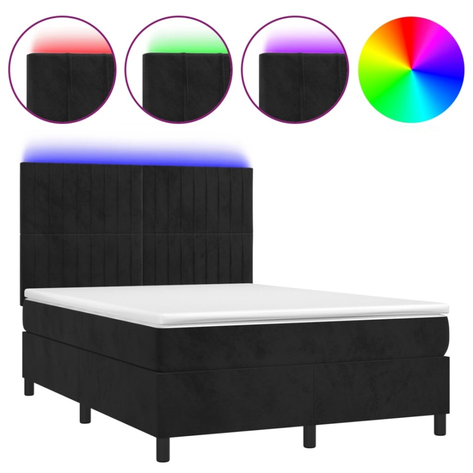 Cama box spring colchón y LED terciopelo negro 140x200