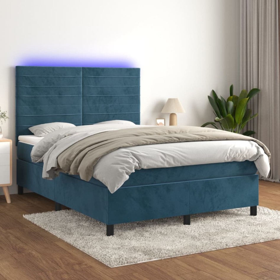 Cama box spring colchón y LED terciopelo azul oscuro 140x190
