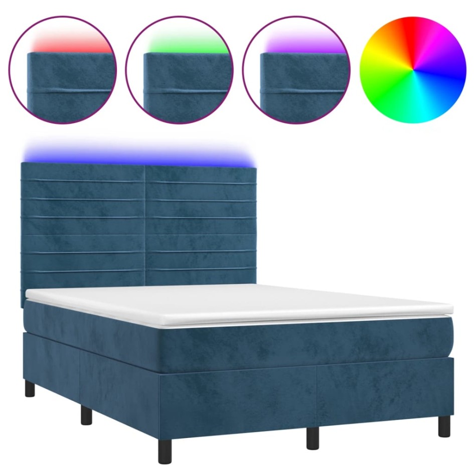 Cama box spring colchón y LED terciopelo azul oscuro 140x190