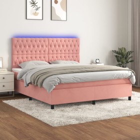Cama box spring colchón y LED terciopelo rosa 160x200