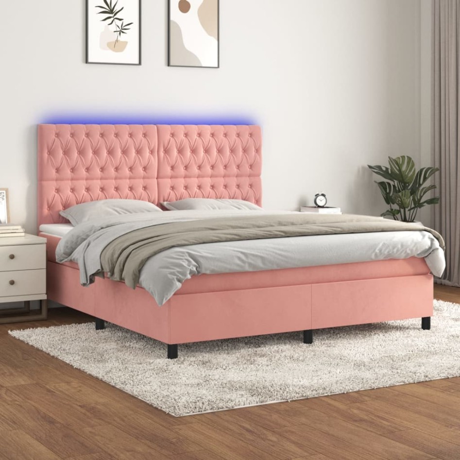 Cama box spring colchón y LED terciopelo rosa 160x200