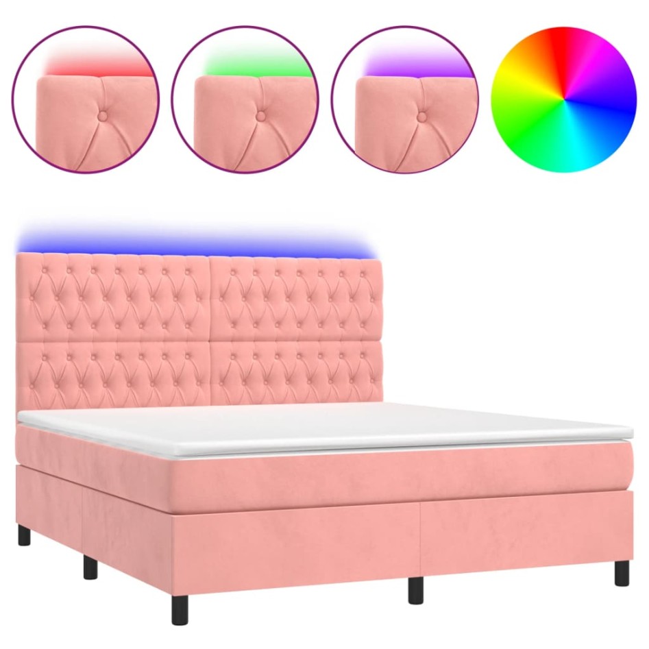 Cama box spring colchón y LED terciopelo rosa 160x200
