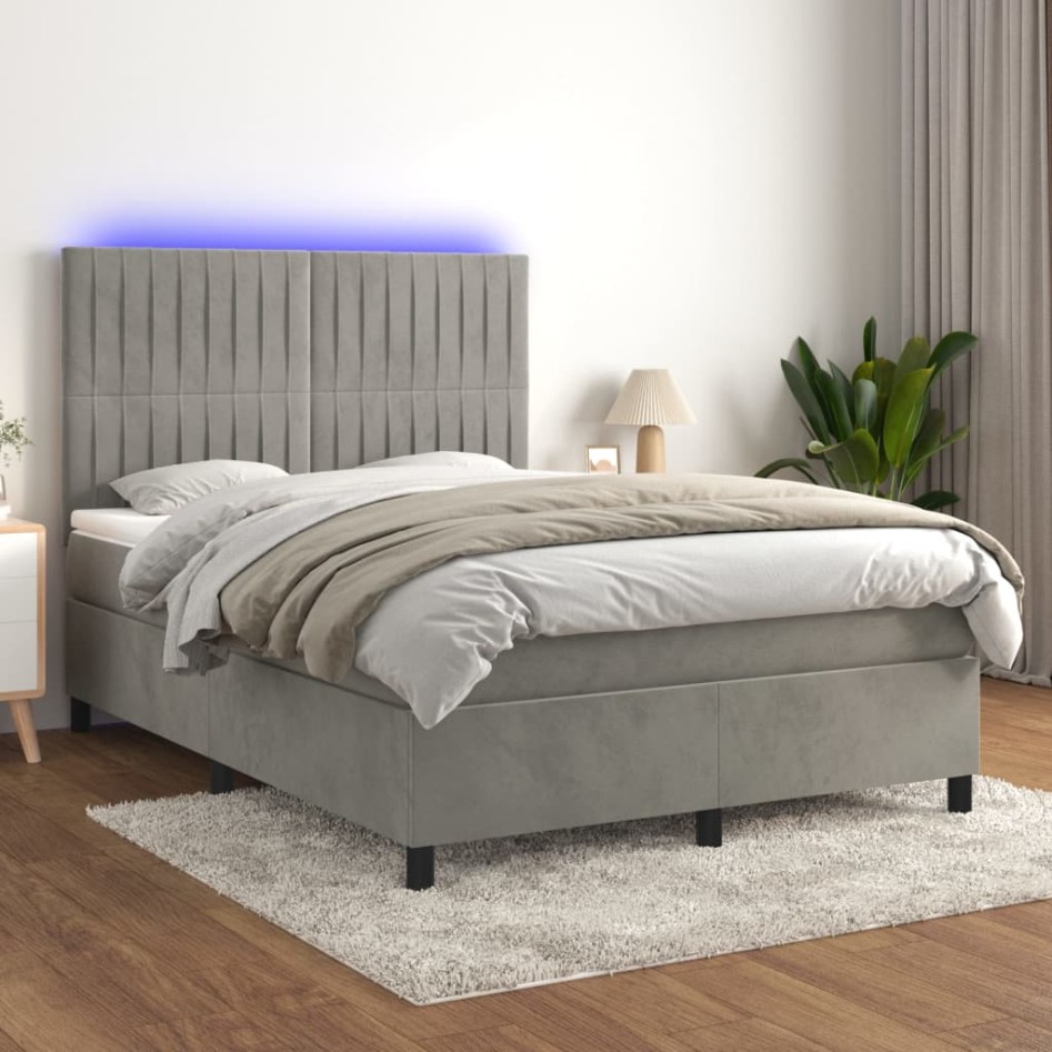 Cama box spring colchón y LED terciopelo gris claro 140x200