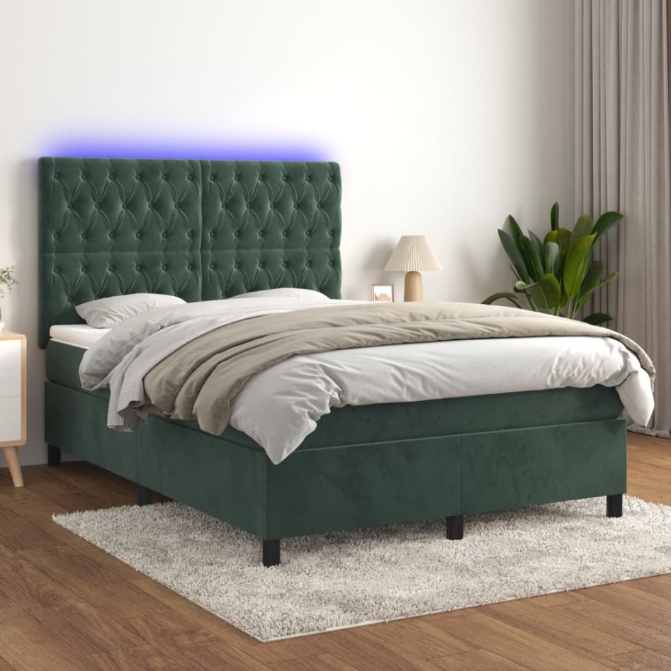 Cama box spring colchón y LED terciopelo verde oscuro