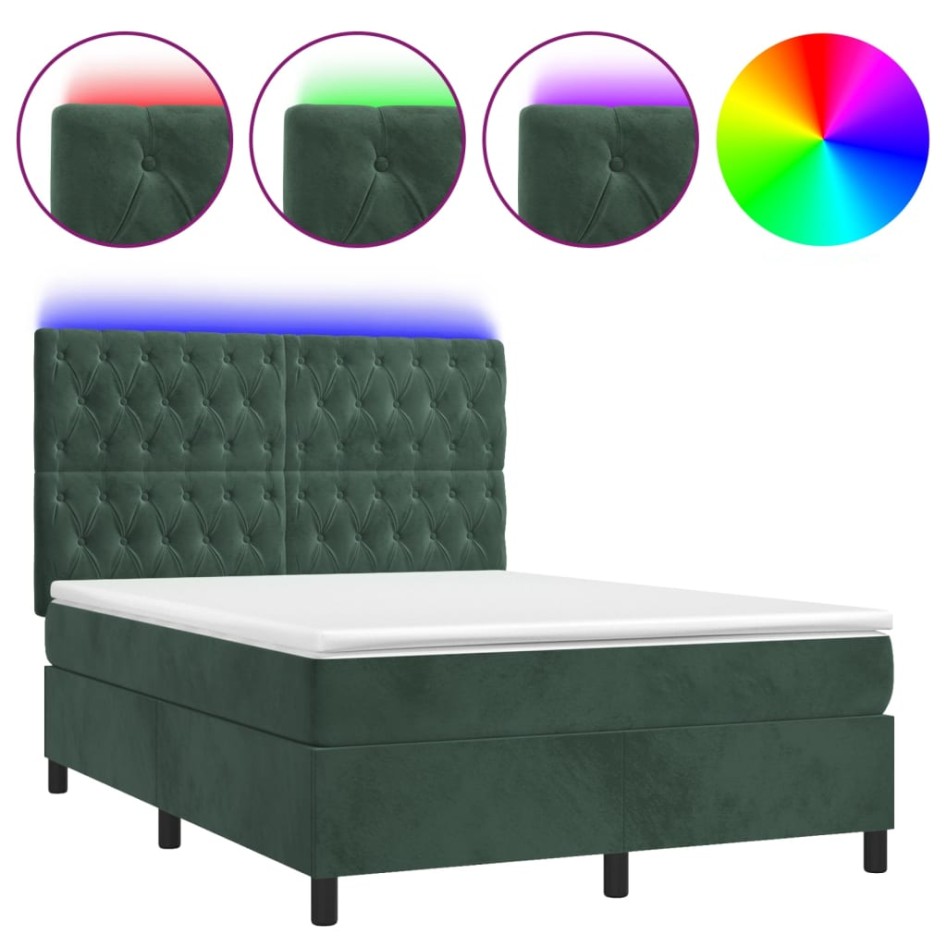Cama box spring colchón y LED terciopelo verde oscuro