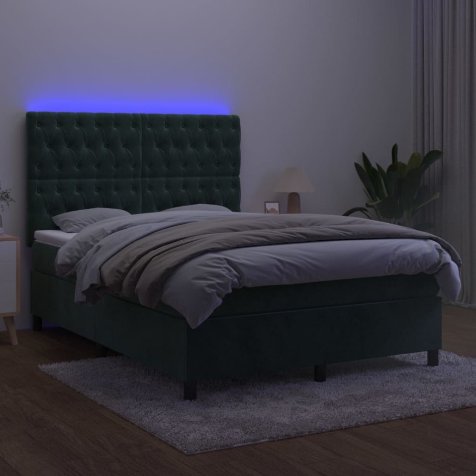 Cama box spring colchón y LED terciopelo verde oscuro