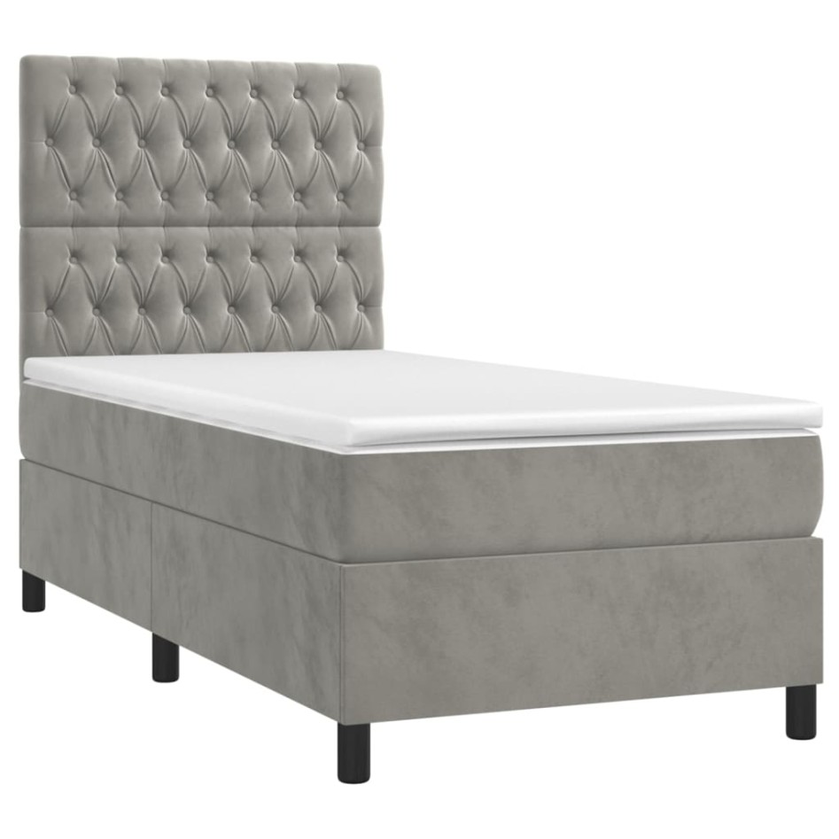 Cama box spring colchón y LED terciopelo gris claro 100x200