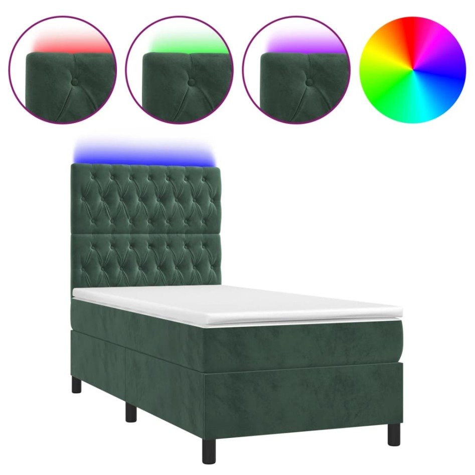 Cama box spring colchón y LED terciopelo verde oscuro 80x200