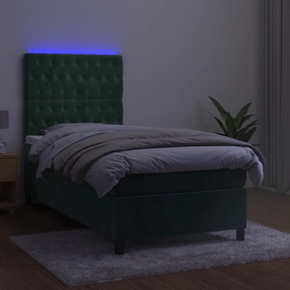 Cama box spring colchón y LED terciopelo verde oscuro 80x200