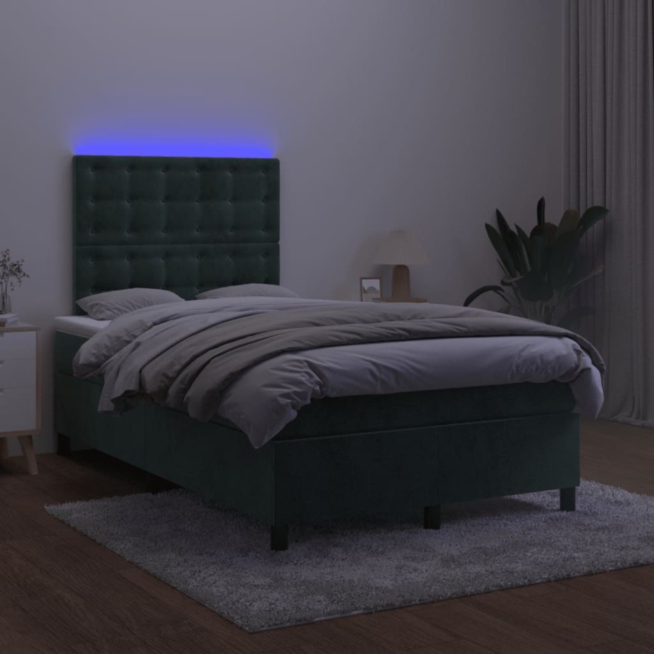 Cama box spring colchón y LED terciopelo verde oscuro