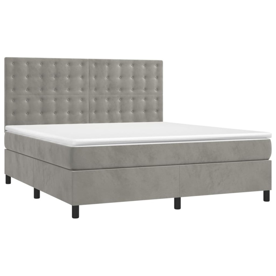 Cama box spring colchón y LED terciopelo gris claro 180x200