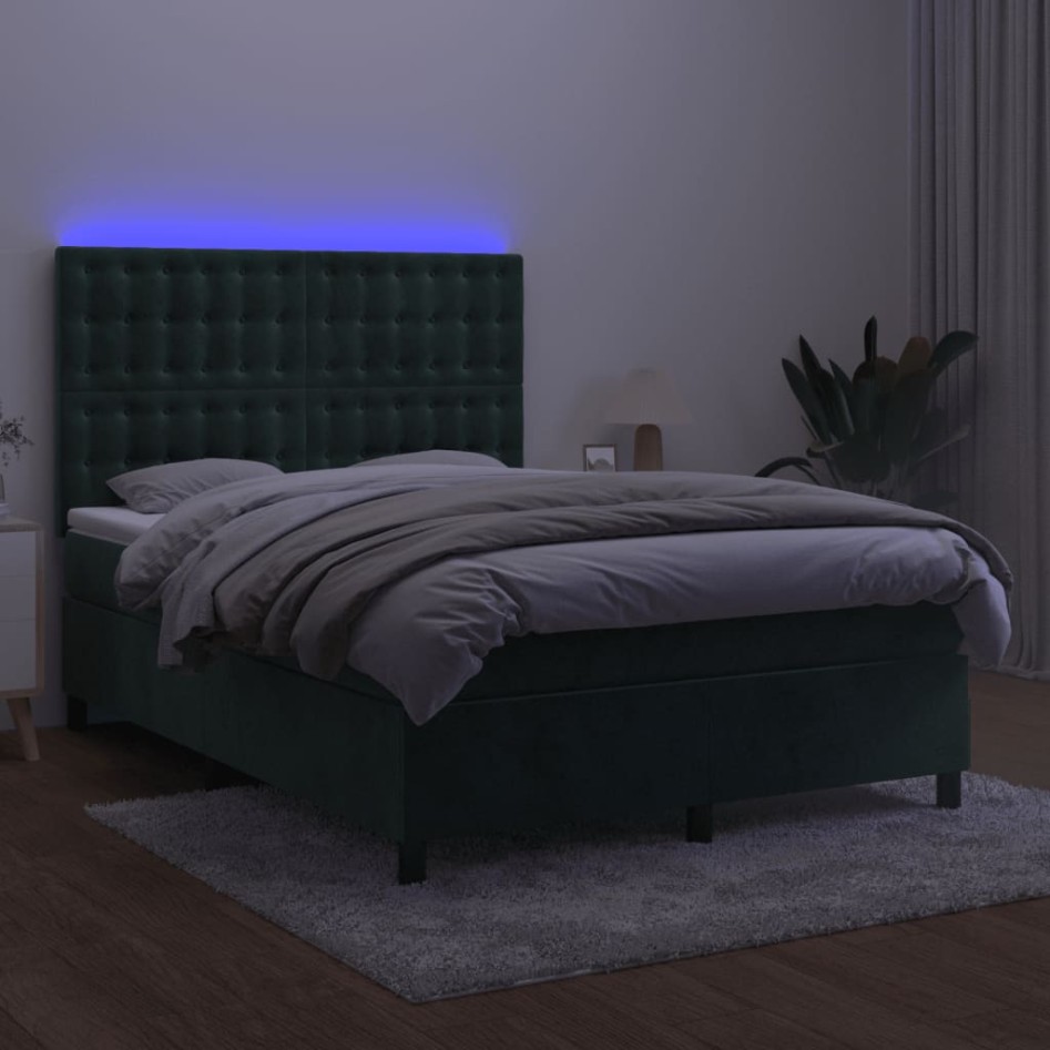 Cama box spring colchón y LED terciopelo verde oscuro