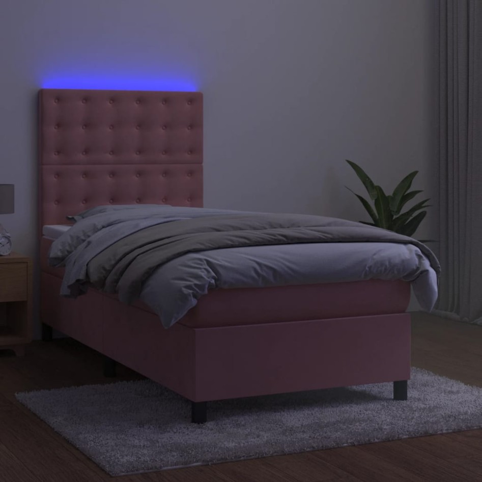 Cama box spring colchón y LED terciopelo rosa 90x190