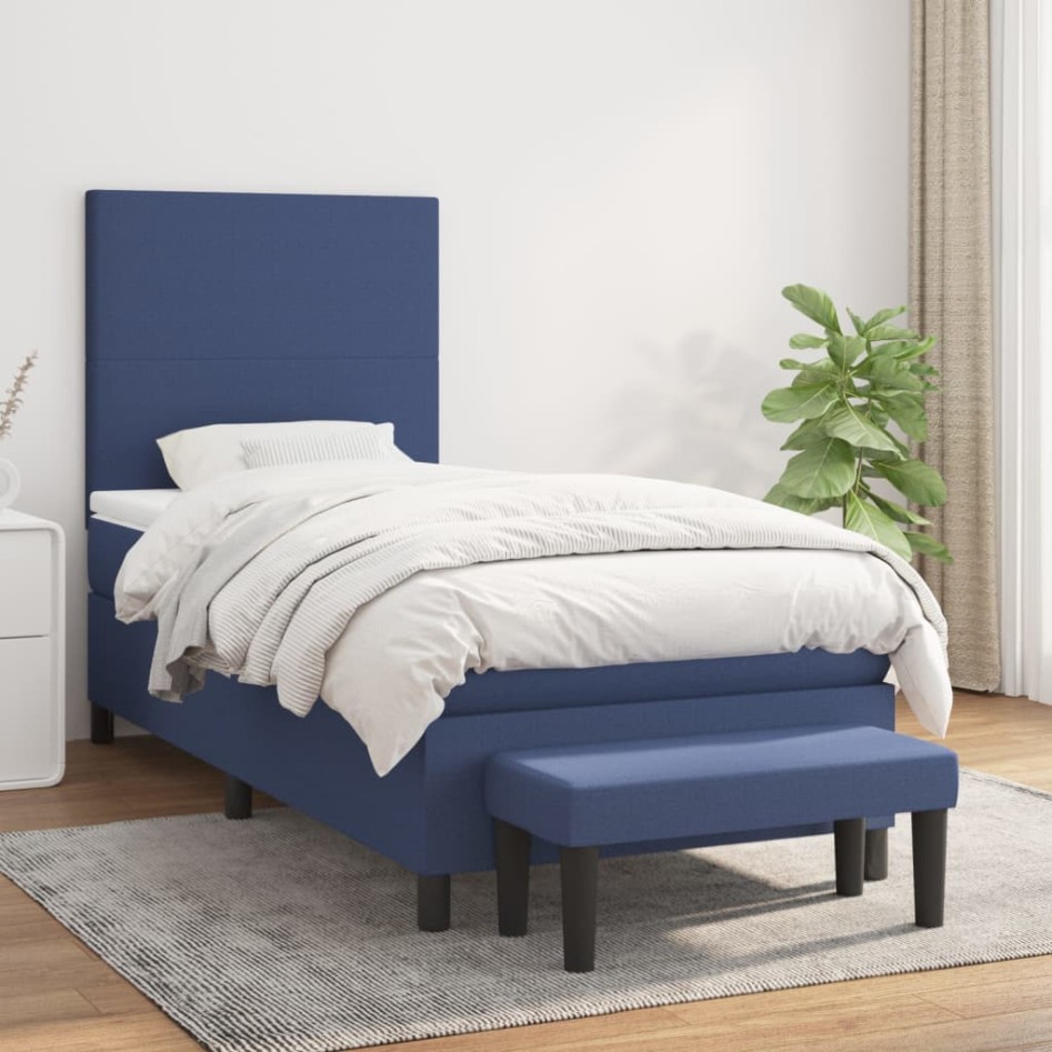 Cama box spring con colchón tela azul 100x200