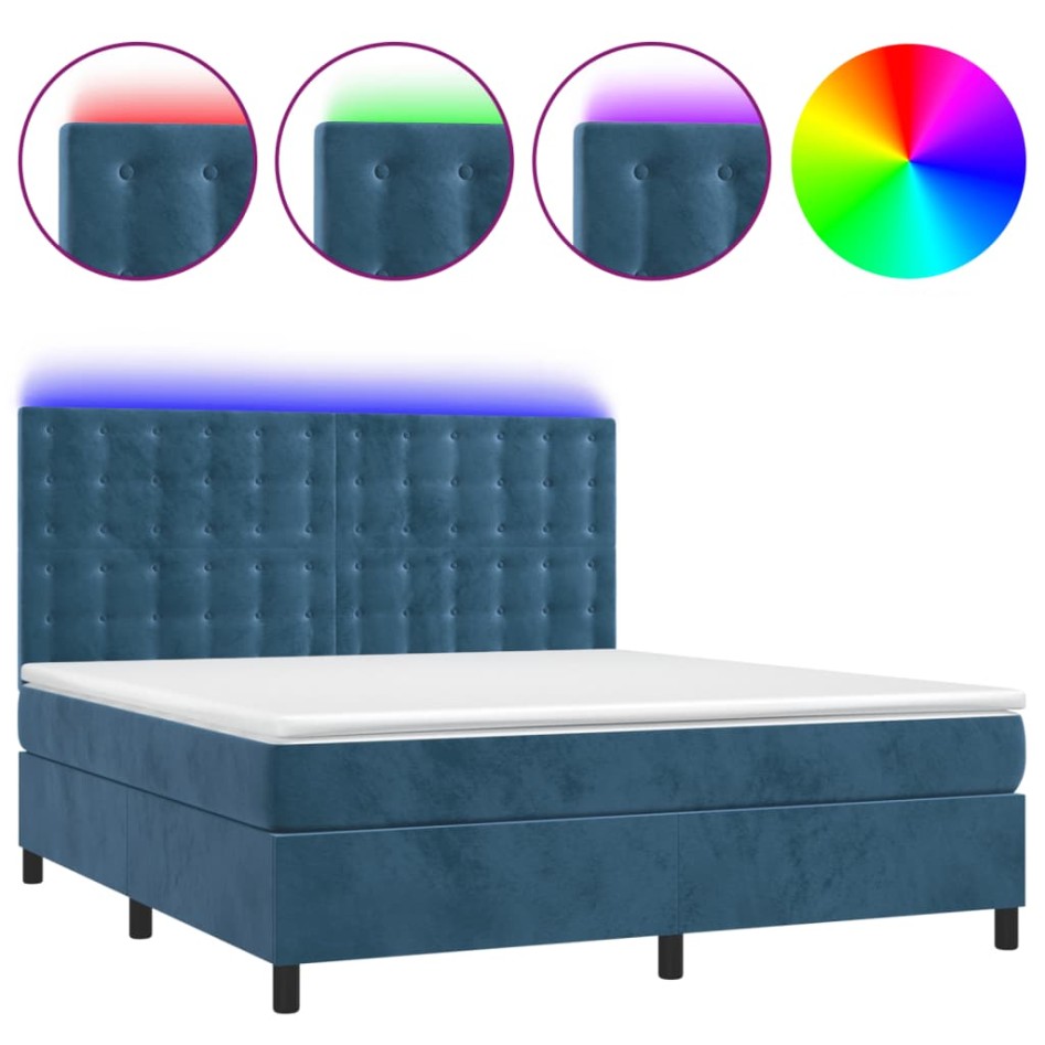 Cama box spring colchón y LED terciopelo azul oscuro 160x200