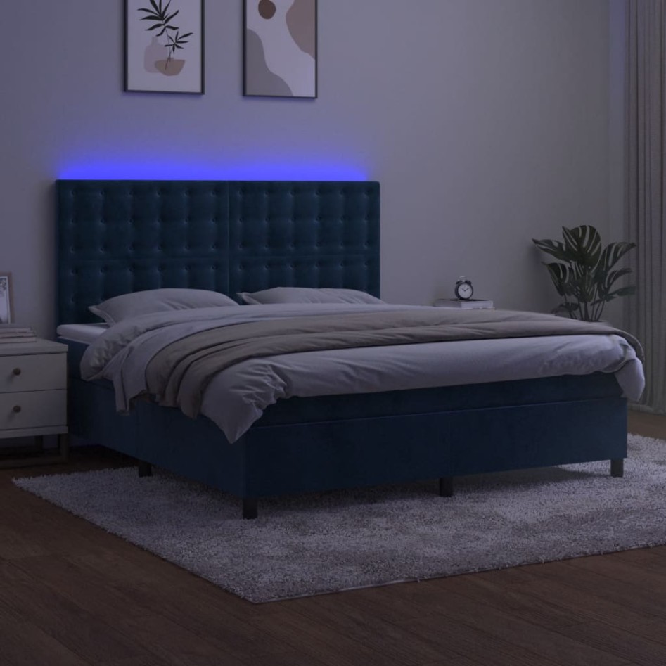 Cama box spring colchón y LED terciopelo azul oscuro 160x200