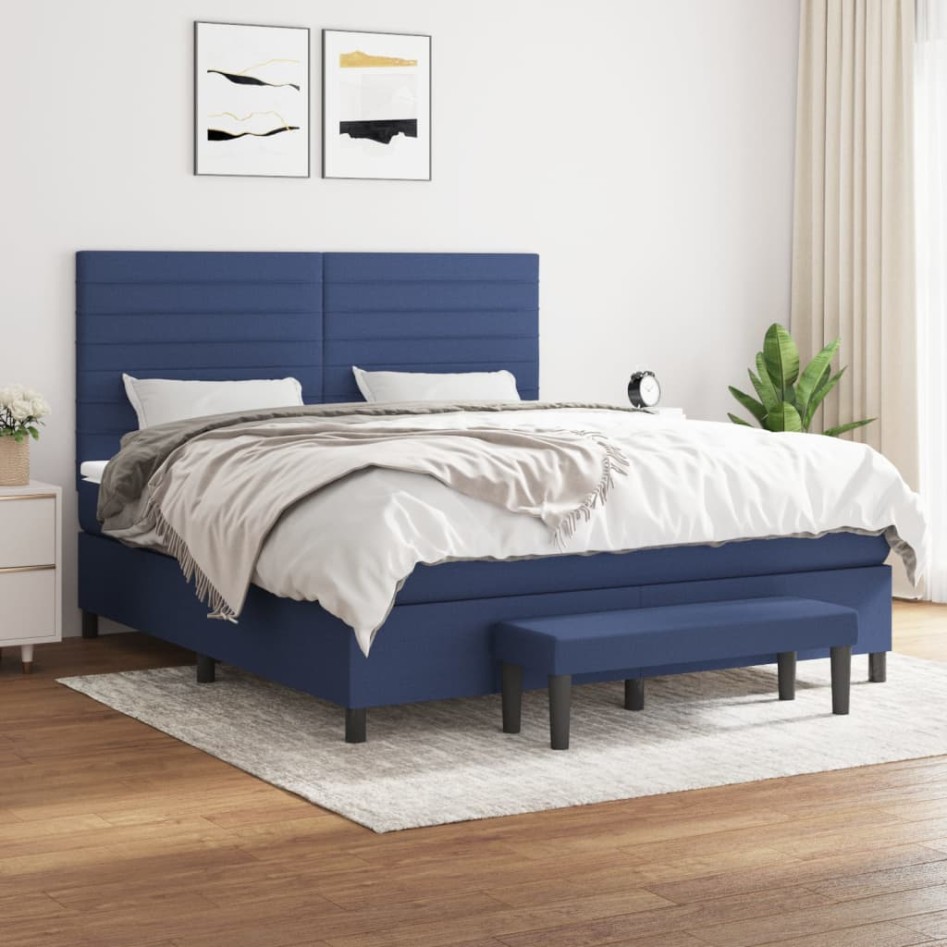 Cama box spring con colchón tela azul 160x200