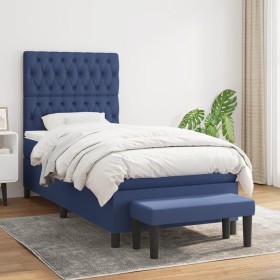 Cama box spring con colchón tela azul 100x200