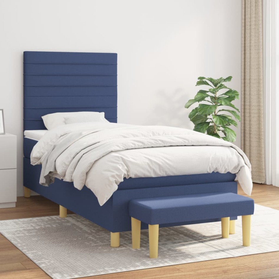 Cama box spring con colchón tela azul 90x190