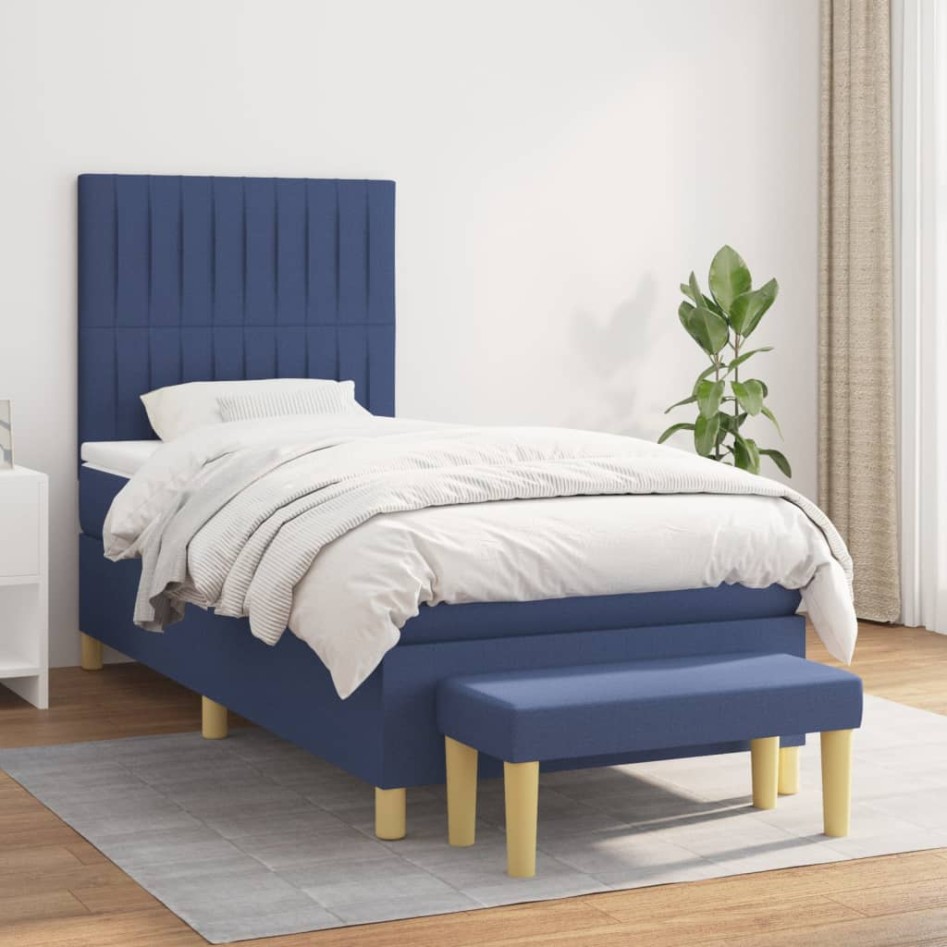 Cama box spring con colchón tela azul 90x190