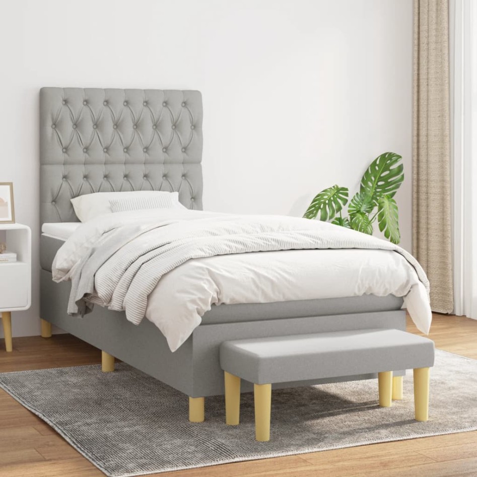 Cama box spring con colchón tela gris claro 90x200