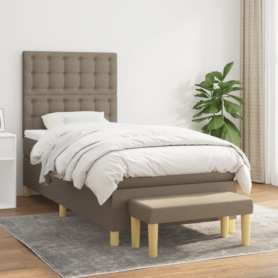 Cama box spring con colchón tela gris taupe 90x200