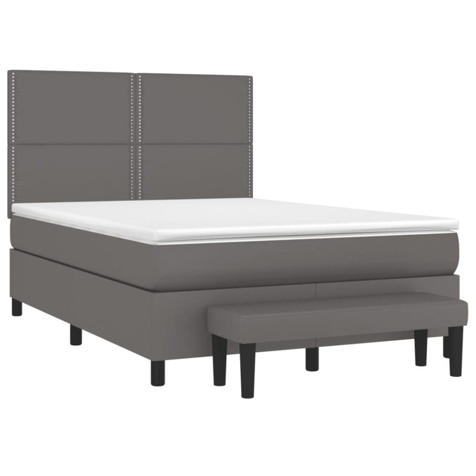 Cama box spring con colchón cuero sintético gris 140x190
