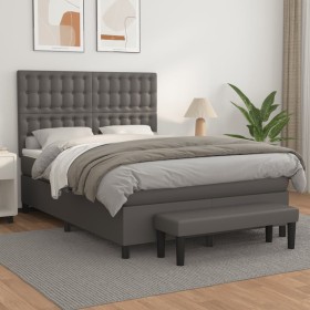 Cama box spring con colchón cuero sintético gris 140x200
