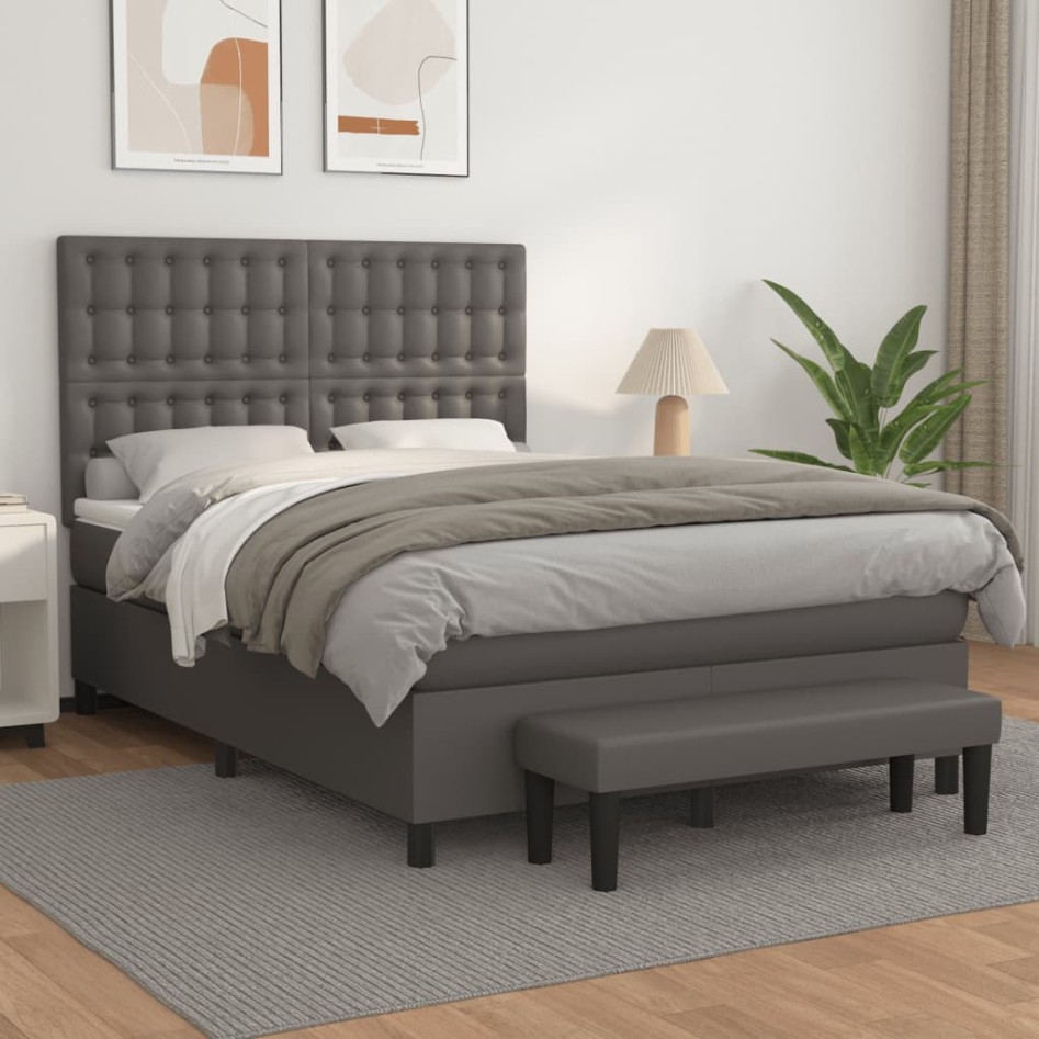 Cama box spring con colchón cuero sintético gris 140x200