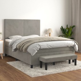 Cama box spring con colchón terciopelo gris claro 140x200