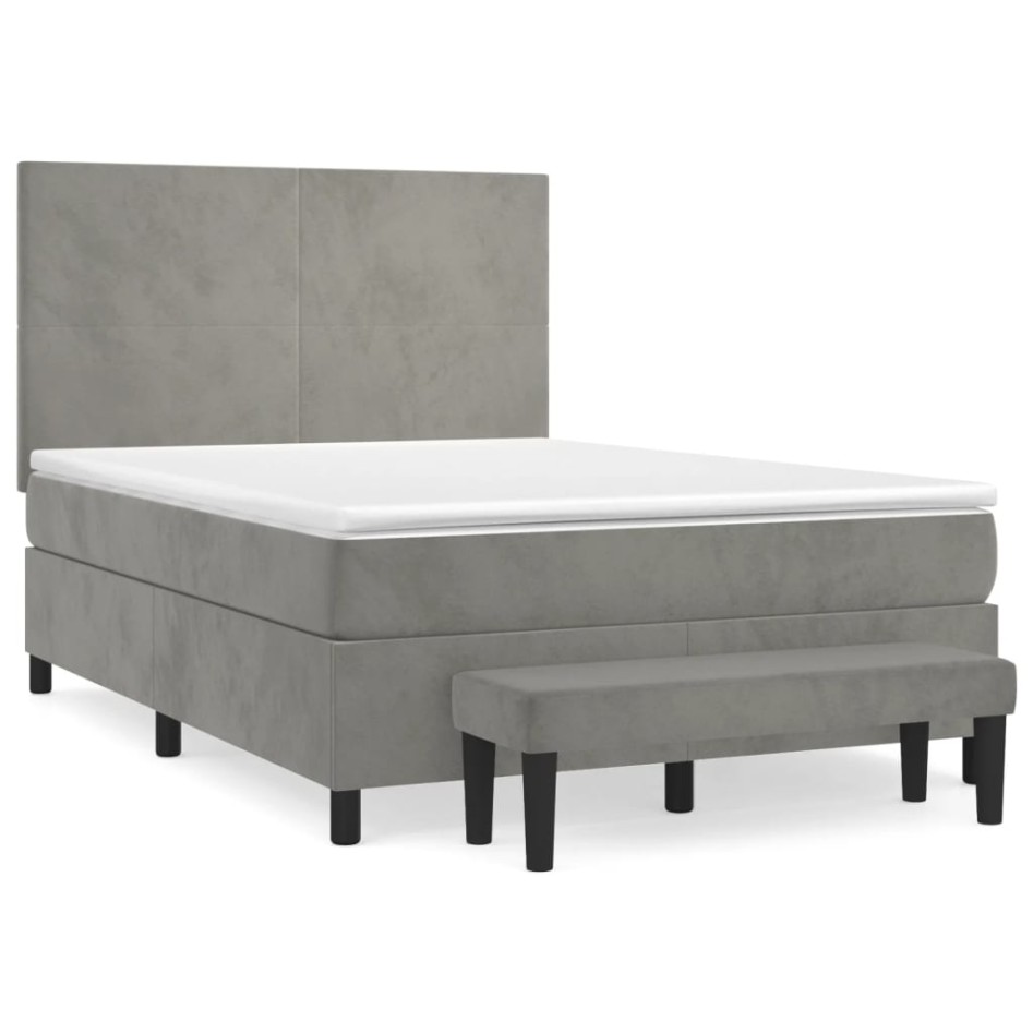 Cama box spring con colchón terciopelo gris claro 140x200