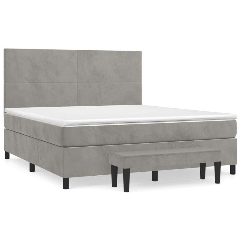 Cama box spring con colchón terciopelo gris claro 160x200