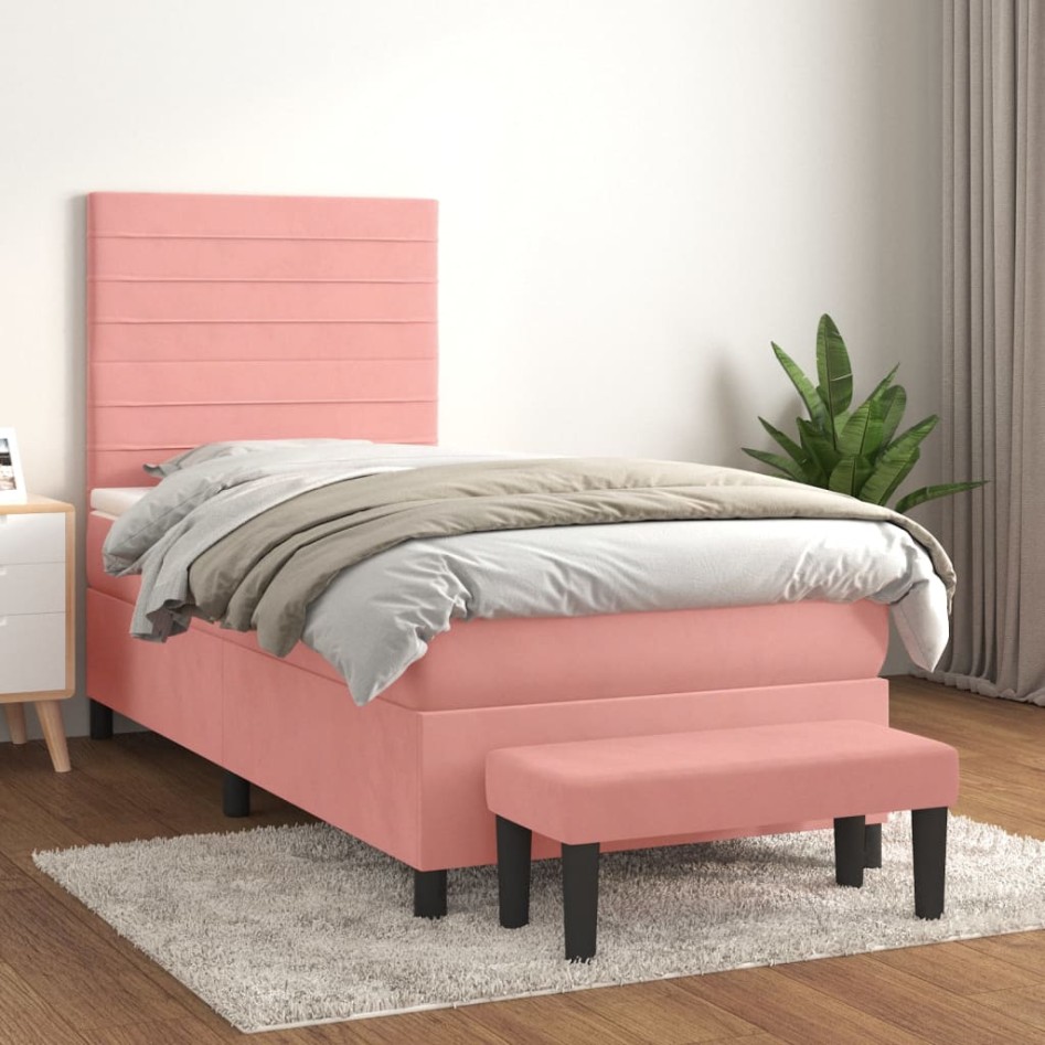 Cama box spring con colchón terciopelo rosa 90x190