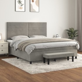 Cama box spring con colchón terciopelo gris claro 160x200