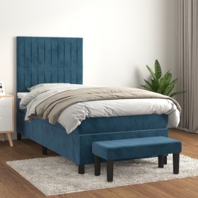 Cama box spring con colchón terciopelo azul oscuro 100x200