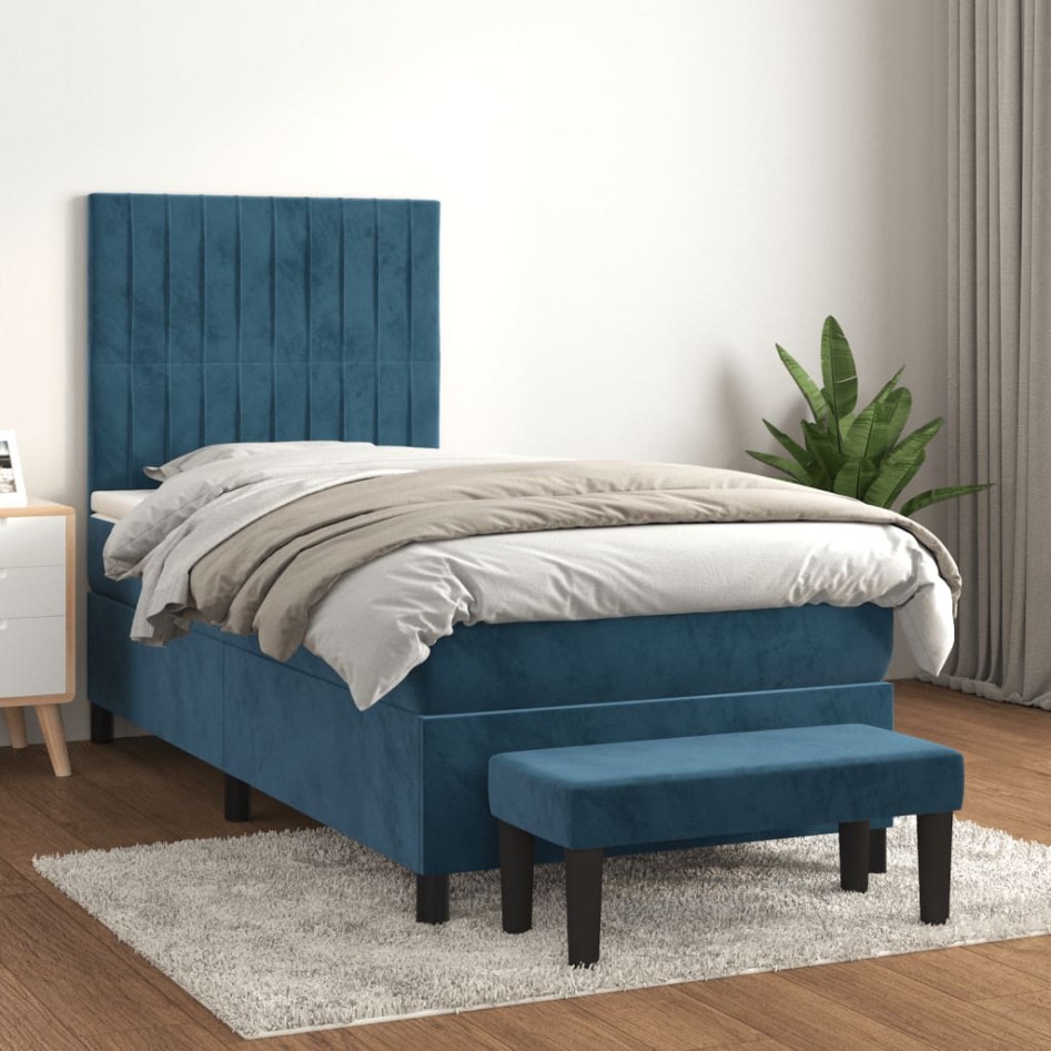 Cama box spring con colchón terciopelo azul oscuro 90x190