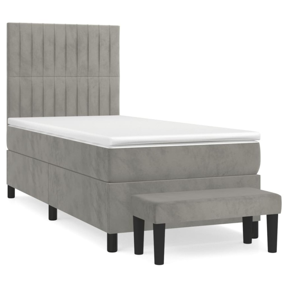 Cama box spring con colchón terciopelo gris claro 100x200