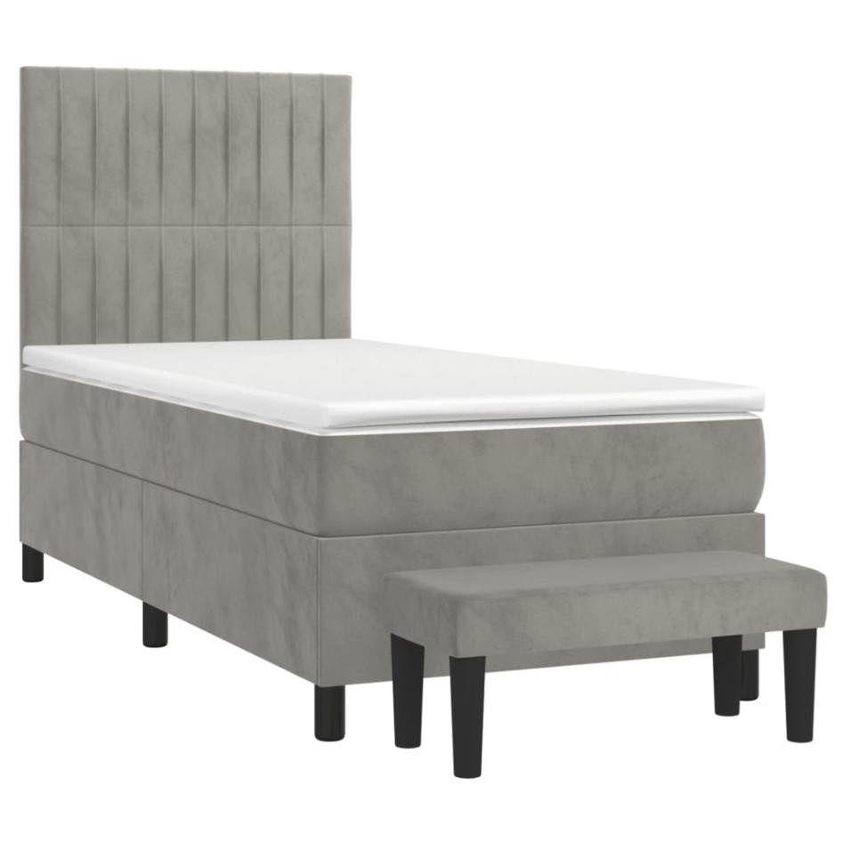 Cama box spring con colchón terciopelo gris claro 100x200