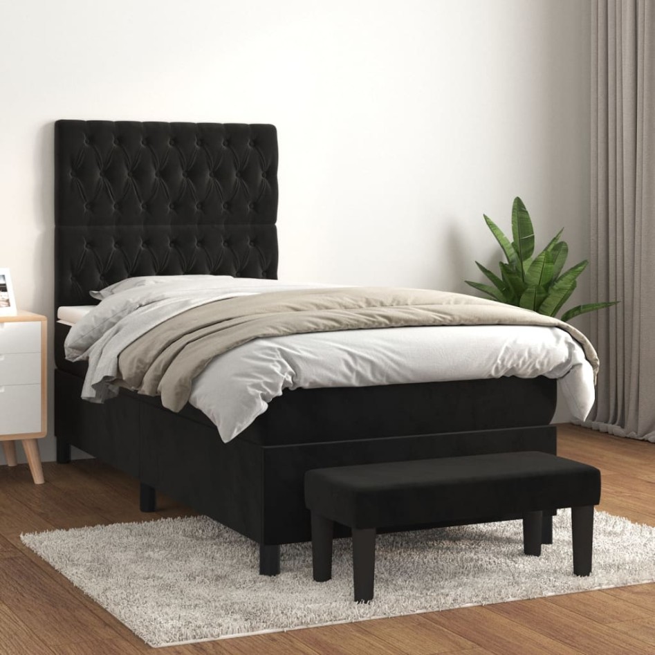 Cama box spring con colchón terciopelo negro 80x200