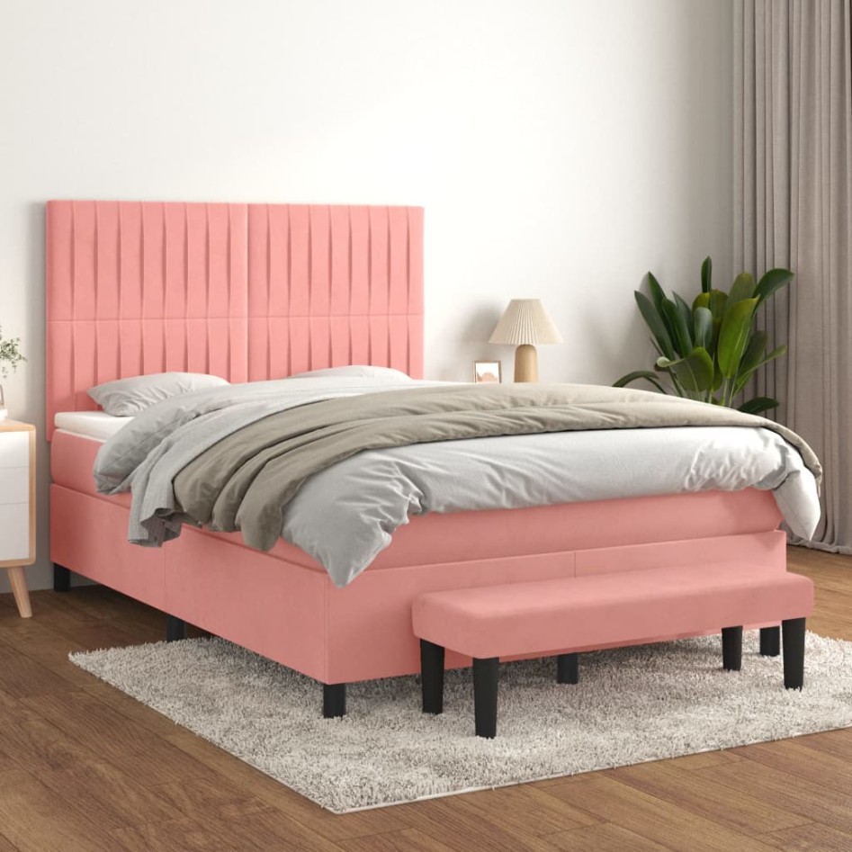 Cama box spring con colchón terciopelo rosa 140x200