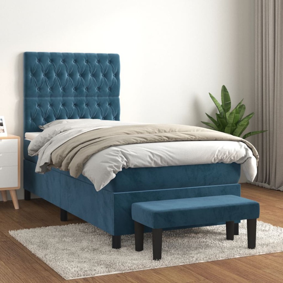 Cama box spring con colchón terciopelo azul oscuro 80x200